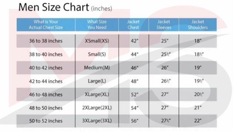 Puede incluir: Una tabla de tallas titulada Men Size Chart (inches) con columnas para el tama&ntilde;o real del pecho, la talla necesaria, el pecho de la chaqueta, las mangas y los hombros. La tabla enumera tallas de XS a 3XL con medidas correspondientes en pulgadas.