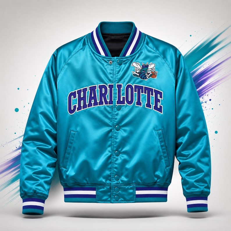 May include: A teal satin jacket with the word "CHARLOTTE" in white and blue lettering across the chest. The jacket has a logo of a cartoon bee with a basketball. The jacket has white and blue striped trim on the collar, cuffs, and hem.