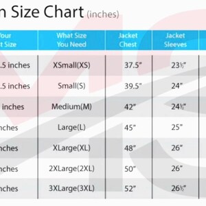 May include: A women's size chart in inches, with bust, jacket chest, sleeves, and shoulder measurements. Sizes range from XSmall (XS) to 3XLarge (3XL). The chart includes bust sizes from 32.5 to 48 inches.