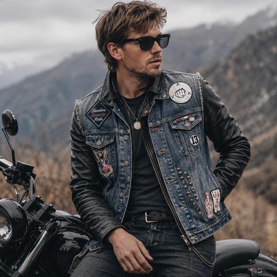 Vintage Denim Biker Vest Men Distressed Jean Vest Punk Rock Sleeveless Jacket Motorcycle Club Style Skull Patch Vest