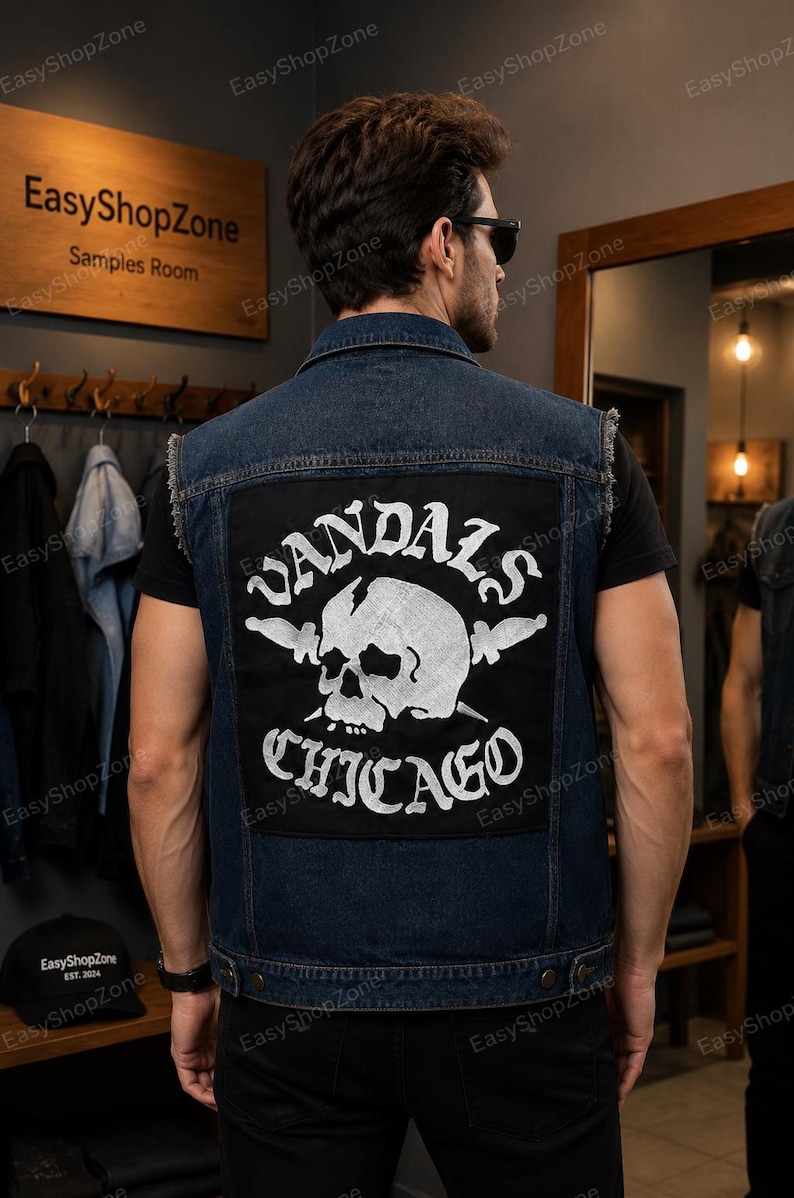 Puede incluir: Un chaleco de mezclilla azul oscuro con un gran parche rectangular negro en la espalda. El parche muestra un gr&aacute;fico blanco de una calavera con dos cuchillos cruzados y el texto VANDALS CHICAGO en una fuente llamativa. El chaleco tiene sisas deshilachadas.