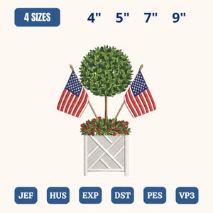 Patriotic Topiary Embroidery Design, American Flag with Garden Tree Machine Embroidery, USA Flag and Potted Tree Embroidery,Independence Day