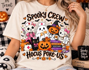 Spooky Hocus Poke Us Nurse Funny Ghost Halloween, Nursing Halloween Costume Design, Sublimation Tshirt PNG, Spooky Medical RN Witch Clipart