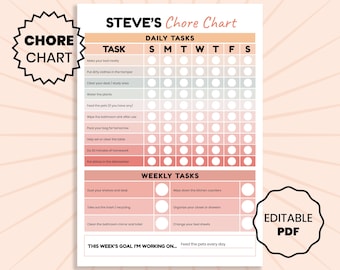 Kids Chore Chart Printable | Teen Chore Chart, Editable Daily & Weekly Chore Planner, Responsibility Chart, Routine Checklist, PDF