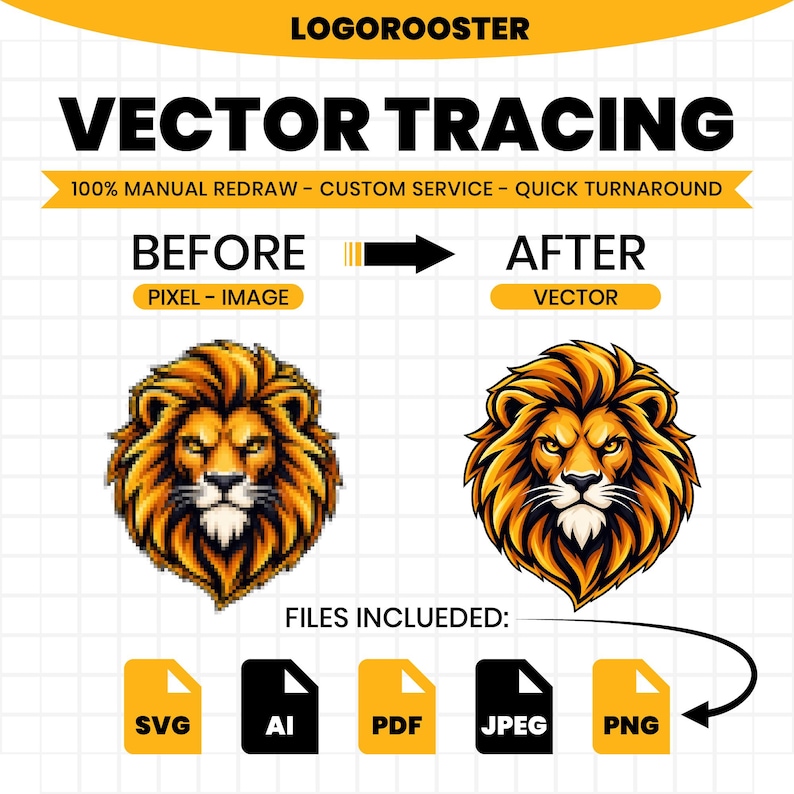 May include: A graphic display for vector tracing services featuring the text LOGOROOSTER and VECTOR TRACING. It shows a pixelated lion head labeled BEFORE and a smooth vector lion head labeled AFTER. File icons for SVG, AI, PDF, JPEG, and PNG are shown.