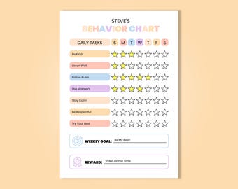 Behavior Reward Chart for Kids, Behavior Chart Printable, Behavior Tracker, Responsibility Tracker, Editable, Fillable PDF, A4 US Letter