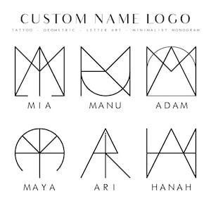 Puede incluir: Una colección de seis logotipos de arte lineal negro sobre un fondo blanco. El texto CUSTOM NAME LOGO aparece en la parte superior, seguido de TATTOO - GEOMETRIC - LETTER ART - MINIMALIST MONOGRAM. Debajo están los nombres MIA, MANU, ADAM, MAYA, ARI y HANAH.