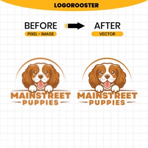 May include: A comparison graphic showing a pixelated puppy logo on the left labeled BEFORE PIXEL-IMAGE and a smooth vector puppy logo on the right labeled AFTER VECTOR. Both logos feature a brown and white spaniel puppy with the text MAINSTREET PUPPIES.