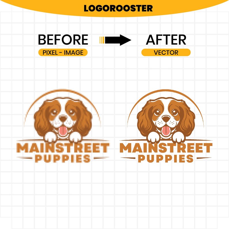 May include: A comparison graphic showing a pixelated puppy logo on the left labeled BEFORE PIXEL-IMAGE and a smooth vector puppy logo on the right labeled AFTER VECTOR. Both logos feature a brown and white spaniel puppy with the text MAINSTREET PUPPIES.