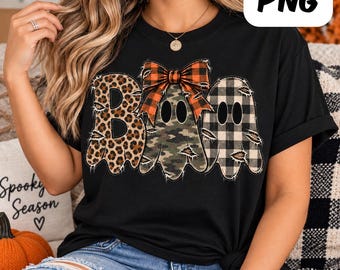 BOO Ghosts Halloween PNG Checkered Camo Leopard Thanksgiving Png Trendy Fall Png Girly Png Distressed Autumn Png Sublimation Design