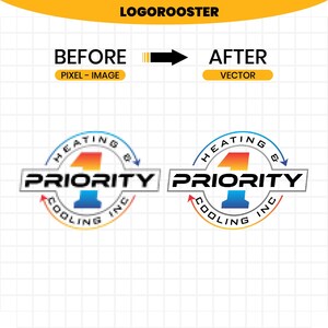 May include: A comparison graphic showing a pixelated logo on the left and a clean vector version on the right. Both logos feature a large number 1 with a red-to-blue gradient, surrounded by a circular arrow and the text 1 PRIORITY HEATING & COOLING INC.