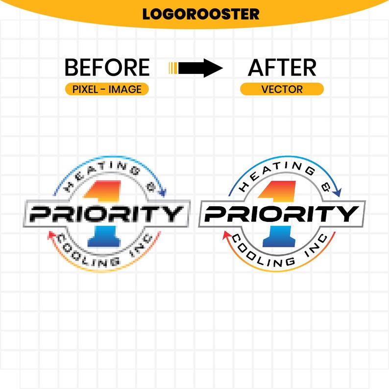 May include: A comparison graphic showing a pixelated logo on the left and a clean vector version on the right. Both logos feature a large number 1 with a red-to-blue gradient, surrounded by a circular arrow and the text 1 PRIORITY HEATING & COOLING INC.