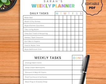 Editable Kids & Teens Chore Chart, Printable Daily/Weekly Responsibility Checklist, Chore Planner, Routine Schedule, Digital Download (PDF)