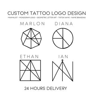 Puede incluir: Una muestra gráfica de diseños de logotipos de tatuajes personalizados con el texto CUSTOM TATTOO LOGO DESIGN, MINIMALIST - MONOGRAM LOGO - GEOMETRIC LETTER ART - TIKTOK NAME - NAME BRANDING y 24 HOURS DELIVERY. Cuatro logotipos de líneas negras se muestran con los nombres MARLON, DIANA, ETHAN e IAN sobre formas geométricas.
