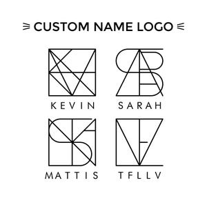 以下が含まれることがあります： CUSTOM NAME LOGOというタイトルのグラフィック表示で、白い背景に4つの黒い線画デザインが描かれています。各正方形には、KEVIN、SARAH、MATTIS、TFLLVという文字が、すっきりとしたサンセリフフォントで幾何学的に配置されています。