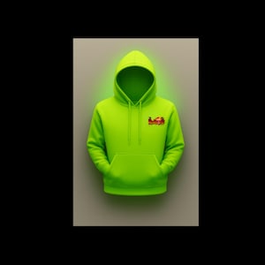 May include: Bright neon green hoodie with a kangaroo pocket and a drawstring hood. The hoodie features a small, colorful graphic on the chest. The garment is displayed against a neutral background, highlighting its vibrant color.