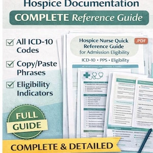 Puede incluir: Una pila de guías de referencia impresas para la documentación de hospicios. La guía principal se titula "Hospice Documentation COMPLETE Reference Guide". Otras guías incluyen "Hospice Nurse Quick Reference Guide for Admission Eligibility". Las guías cubren los códigos ICD-10, la elegibilidad y la cartografía.