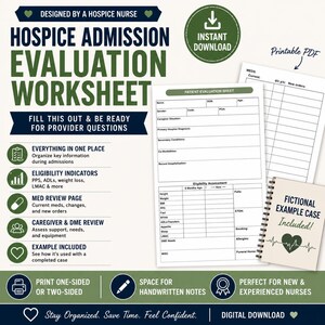 Peut inclure: Une fiche d'évaluation d'admission en soins palliatifs numérique comprenant une feuille d'évaluation du patient, un journal des médicaments et un exemple de cas fictif à spirale. Le document inclut des sections pour les données démographiques.