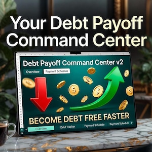 Puede incluir: Una tableta digital muestra el texto "Your Debt Payoff Command Center" y "Become Debt Free Faster". La pantalla muestra una flecha roja hacia abajo y una flecha verde hacia arriba con monedas de oro. Una taza de café está a la izquierda.