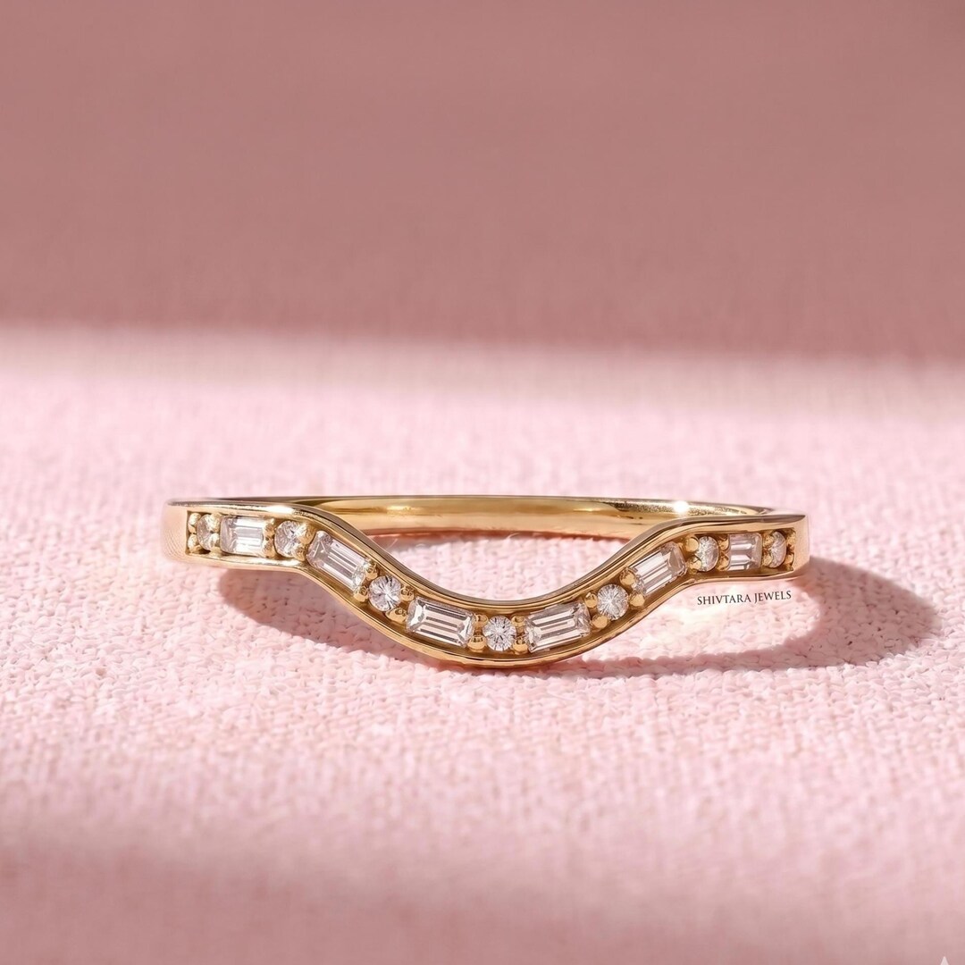 14k Gold Handcrafted Curved Baguette Lab Diamond Wedding Band Chevron ...