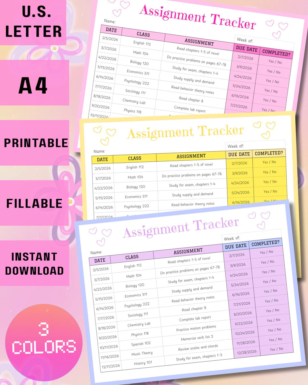 Assignment Tracker PRINTABLE, Student Planner PDF, Homework Checklist ...