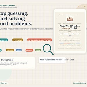 Può includere: Grafica educativa beige e bianca con il testo "Smetti di indovinare. Inizia a risolvere i problemi di parole". L'immagine include un tablet che mostra un "Math Word Problem Strategy Toolkit" per le classi 2-5.