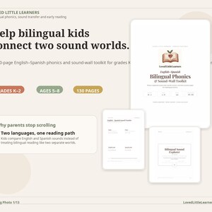 May include: An image promoting a bilingual phonics and sound-wall toolkit for grades K-2 and ages 5-8. The toolkit is 130 pages and helps kids connect two sound worlds. The text includes "Help bilingual kids connect two sound worlds."