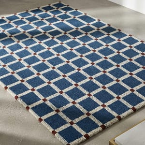 Hand Tufted Wool Rug, Navy Blue Checkerboard Area Rug, Modern Grid Carpet, Geometric Pattern Rug, Mid Century Living Room Decor