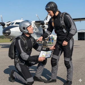 May include: Two people wearing black and gray skydiving suits and helmets are discussing a map in front of a small airplane. The helmets have the words "Skydiving Academy" printed on them. The skydiving suits have gray accents.
