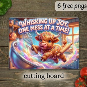 May include: A rectangular cutting board featuring a cartoon highland cow holding a whisk and rolling pin, with a rainbow-coloured mixing bowl and the text "WHISKING UP JOY, ONE MESS AT A TIME!" set against a kitchen background.