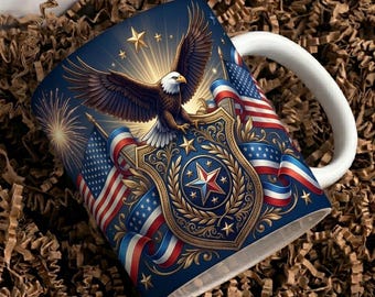 May include: A white ceramic mug featuring a dark blue background with a bald eagle soaring above a golden shield emblem. The design includes American flag motifs, red, white, and blue ribbons, gold stars, and firework-like light bursts.