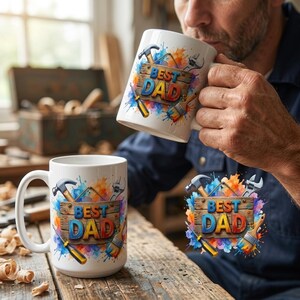 Colorful Best Dad coffee mug wrap design with woodworking and handyman tools illustration