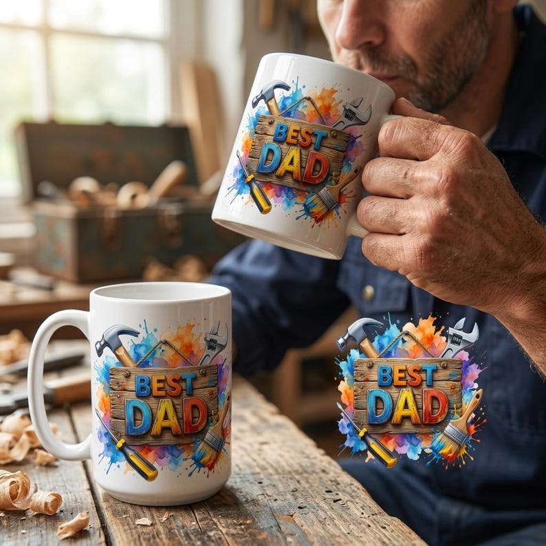 Colorful Best Dad coffee mug wrap design with woodworking and handyman tools illustration
