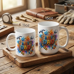 Father’s Day mug wrap PNG featuring rustic Best Dad sign with hammer wrench and paintbrush artwork