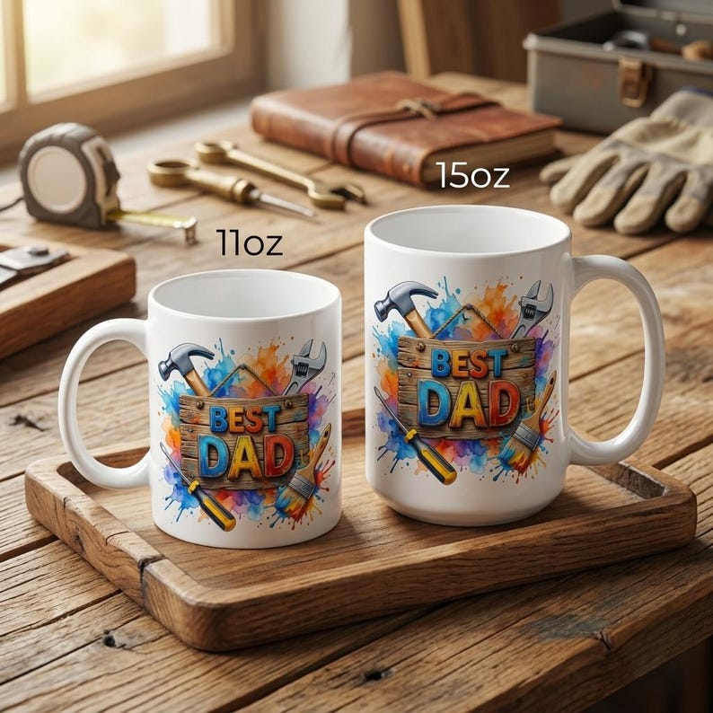 Father’s Day mug wrap PNG featuring rustic Best Dad sign with hammer wrench and paintbrush artwork