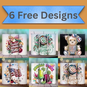K&ouml;nnte beinhalten: Das Bild zeigt sechs wei&szlig;e Becher mit verschiedenen Designs. Die Designs umfassen Kirschen mit Text, Blumenarrangements mit "Happy Mother's Day", einen Teddyb&auml;ren, eine amerikanische Flagge, tropische Getr&auml;nke und Blumenarrangements mit "Happy Mother's Day". Das Banner oben lautet "6 Free Designs".