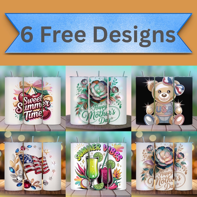 K&ouml;nnte beinhalten: Das Bild zeigt sechs wei&szlig;e Becher mit verschiedenen Designs. Die Designs umfassen Kirschen mit Text, Blumenarrangements mit "Happy Mother's Day", einen Teddyb&auml;ren, eine amerikanische Flagge, tropische Getr&auml;nke und Blumenarrangements mit "Happy Mother's Day". Das Banner oben lautet "6 Free Designs".