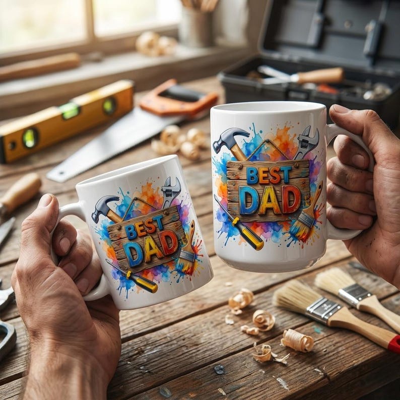 Best Dad mug sublimation PNG bundle for 11oz and 15oz coffee mugs with colorful handyman tools design