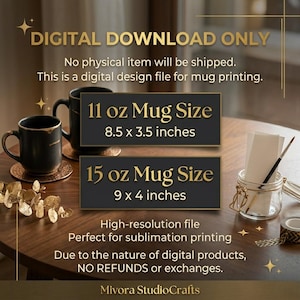 K&ouml;nnte beinhalten: Digitaler Download-Grafik f&uuml;r den Tassendruck. Das Bild zeigt zwei schwarze Tassen mit goldenen Akzenten sowie Text, der die Tassengr&ouml;&szlig;en von 11 oz und 15 oz angibt. Der Text gibt auch an, dass es sich um eine hochaufl&ouml;sende Datei handelt.