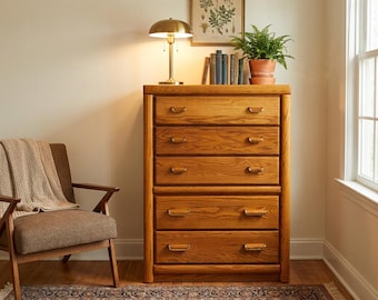 Vintage Oak 5 Drawer Dresser, Solid Wood Chest of Drawers, Rustic Bedroom Storage Cabinet, Farmhouse Tallboy, Wooden Bedroom Furniture