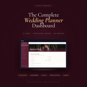 Op de afbeelding: Een digitaal dashboard voor een huwelijksplanner weergegeven op een laptopscherm. Het scherm toont een interface voor huwelijksplanning met de tekst "Engagement & Vision". De achtergrond is diep bordeaux.