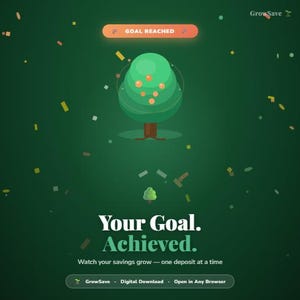 Könnte beinhalten: Digitale Illustration mit grünem Hintergrund und Konfetti. Ein stilisierter grüner Baum mit orangefarbenen Akzenten ist zentriert, darüber der Text „GOAL REACHED“. Die Worte „Your Goal. Achieved.“ werden prominent unter dem Baum angezeigt.