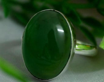 Natural Green Jade Oval Statement Ring, 925 Sterling Silver Boho Jewelry