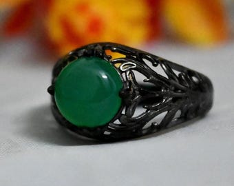 Green Jade Ring 925 Sterling Silver Gothic Black Tone Filigree Statement Jewelry, gift for her