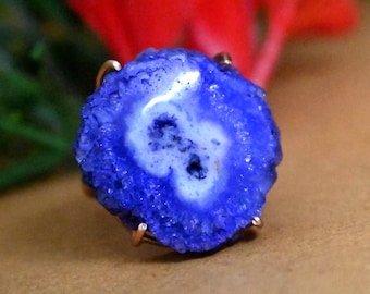 Blue Solar Druzy Ring – 925 Sterling Silver Rose Gold Plated Statement Ring, Raw Crystal Gemstone Ring, Handmade Boho Jewelry Gift for her