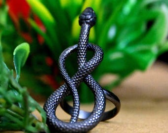 Black Snake Ring, Gothic Serpent Ring, Adjustable Snake Wrap Ring, Black Tone 925 Sterling Silver Ring, Minimalist Reptile Jewelry Gift