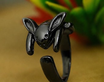 925 Sterling Silver Black Rabbit Ring, Adjustable Bunny Ring, Animal Lover Jewelry, Black Tone Open Band Ring, Cute Rabbit Gift for Her