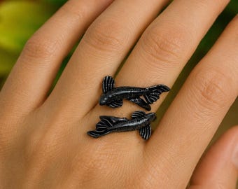 Sterling Silver Black Fish Ring Adjustable Koi Fish Ring Cute Ocean Animal Jewelry Minimalist Sea Life Ring Beach Jewelry Gift for Her