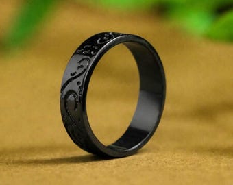 925 Sterling Silver Black Tone Signet Band Ring, Gothic Engraved Ring, Unisex Statement Jewelry, Alternative Fashion, gift for her