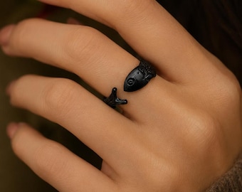 Sterling Silver Black Fish Ring Adjustable Koi Fish Ring Cute Ocean Animal Jewelry Minimalist Sea Life Ring Beach Jewelry Gift for Her